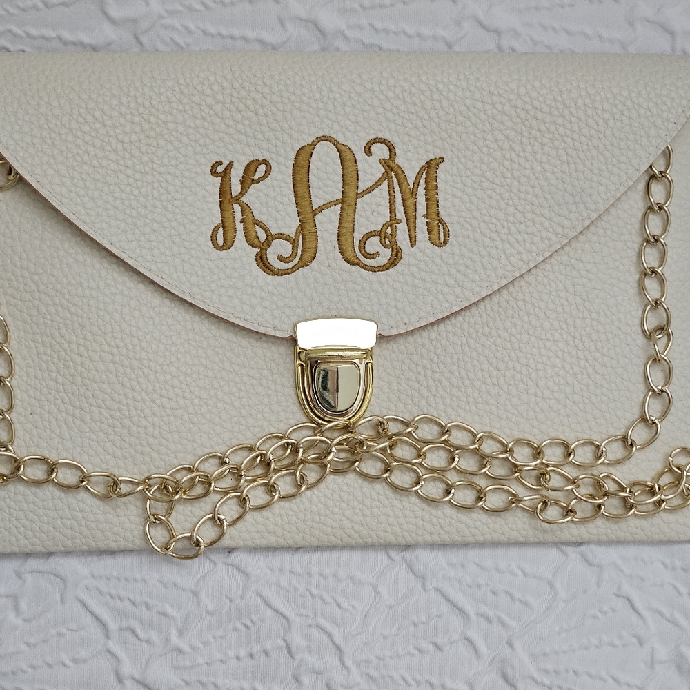 NWOT KAM Monogrammed Cream Faux Leather Envelope Clutch 7" x 11"